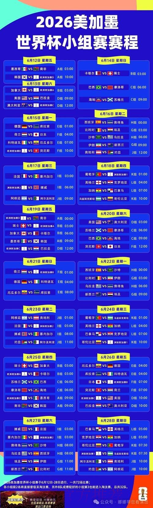 2026世界杯每日赛程详细安排最新时间表在哪里看
